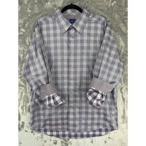Egara Mens XL Non-Iron Slim Fit Purple Grey Buffalo Check Button Down Shirt